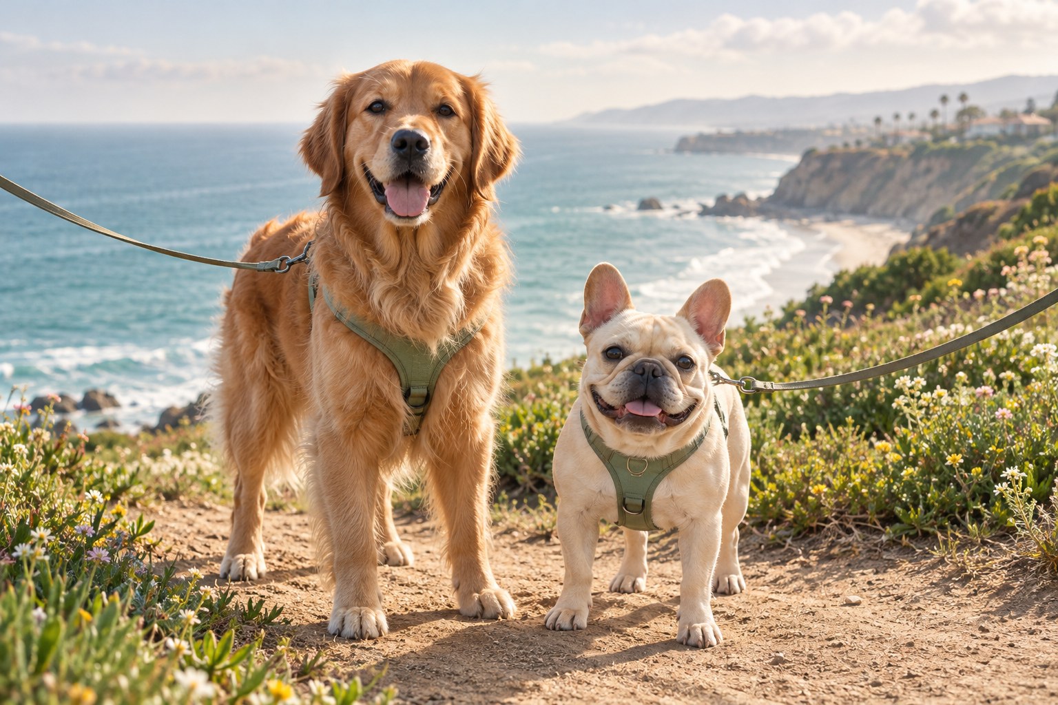 A golden retriever and cream French bulldog enjoying a sunny coastal path